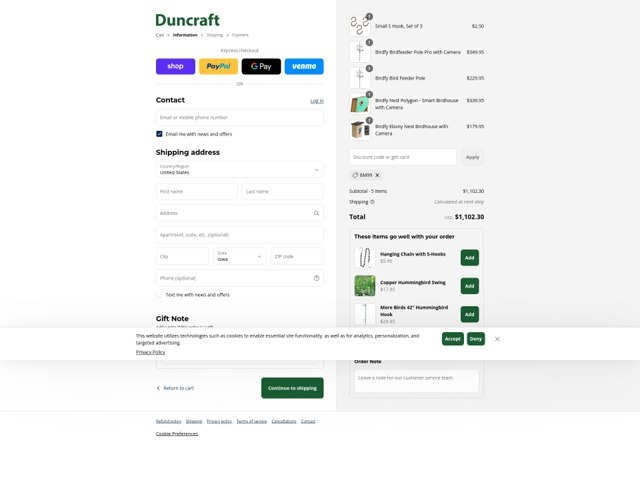 Duncraft checkout page showing Duncraft promo code box | Screenshot taken by SimplyCodes community member on Aug 30, 2025
