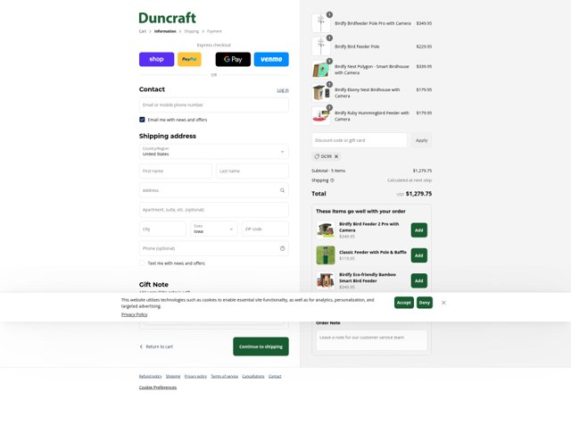 Duncraft checkout page showing Duncraft promo code box | Screenshot taken by SimplyCodes community member on Sep 3, 2025