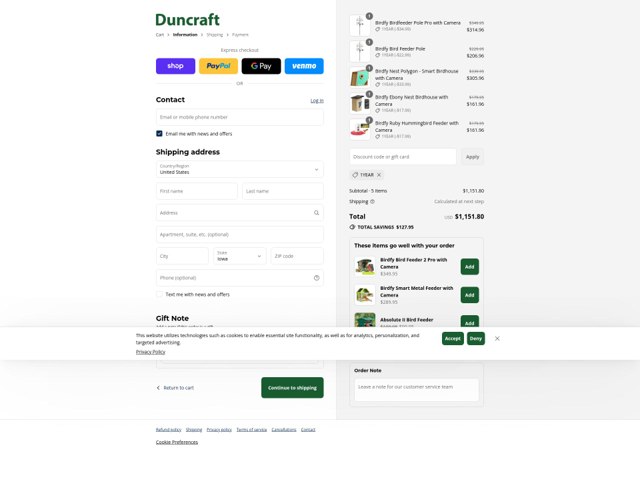 Duncraft checkout page showing Duncraft promo code box | Screenshot taken by SimplyCodes community member on Sep 3, 2025