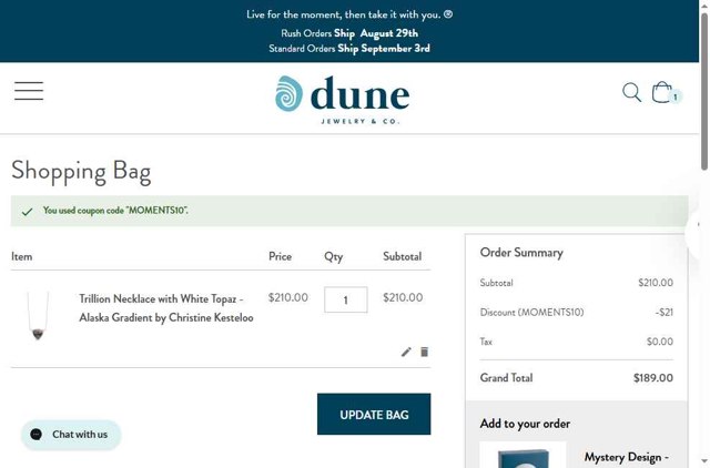 Dune Jewelry checkout page showing Dune Jewelry discount code box | Screenshot taken by SimplyCodes community member on Aug 25, 2025