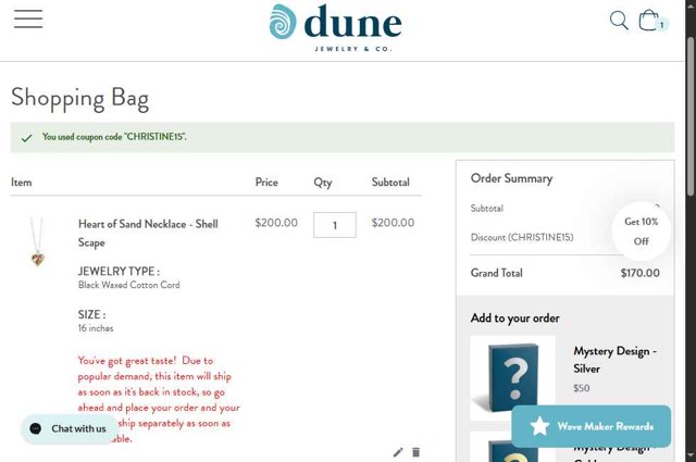 Dune Jewelry checkout page showing Dune Jewelry discount code box | Screenshot taken by SimplyCodes community member on Aug 27, 2025