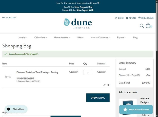 Dune Jewelry checkout page showing Dune Jewelry discount code box | Screenshot taken by SimplyCodes community member on Aug 18, 2025