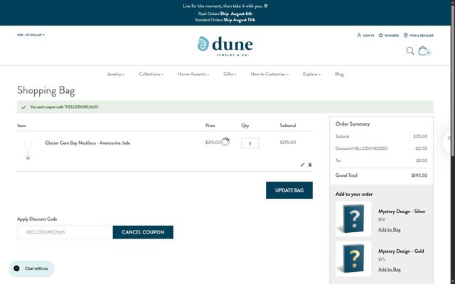 Dune Jewelry checkout page showing Dune Jewelry discount code box | Screenshot taken by SimplyCodes community member on Jul 31, 2025
