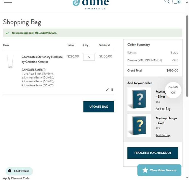 Dune Jewelry checkout page showing Dune Jewelry discount code box | Screenshot taken by SimplyCodes community member on Aug 23, 2025