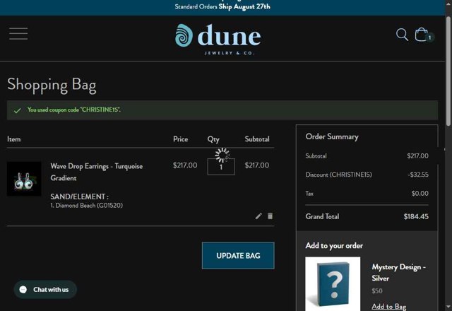 Dune Jewelry checkout page showing Dune Jewelry discount code box | Screenshot taken by SimplyCodes community member on Aug 19, 2025