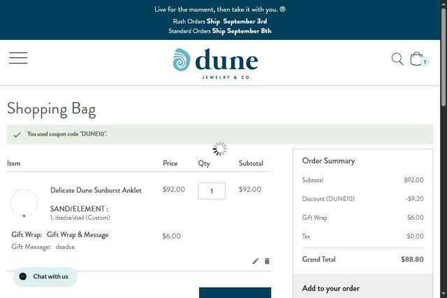 Dune Jewelry checkout page showing Dune Jewelry discount code box | Screenshot taken by SimplyCodes community member on Aug 29, 2025