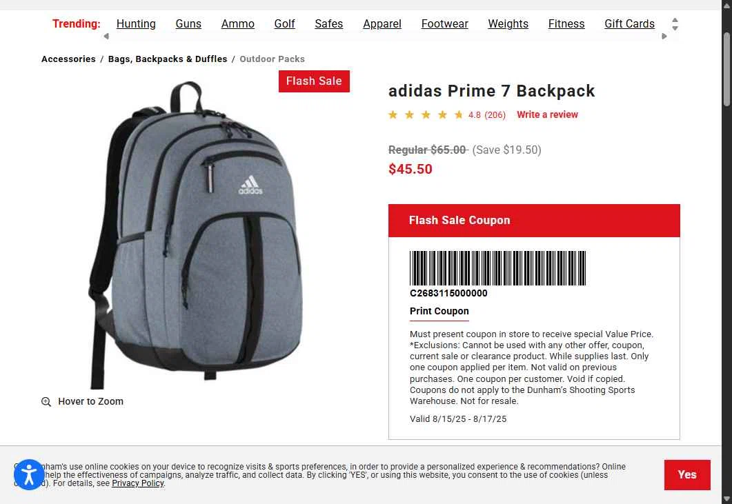 Dunham's Sports checkout page showing Dunham's Sports promo code box | Screenshot taken by SimplyCodes community member on Aug 15, 2025