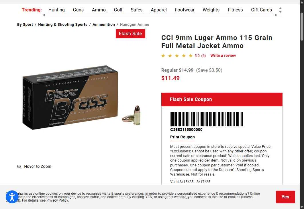 Dunham's Sports checkout page showing Dunham's Sports promo code box | Screenshot taken by SimplyCodes community member on Aug 15, 2025