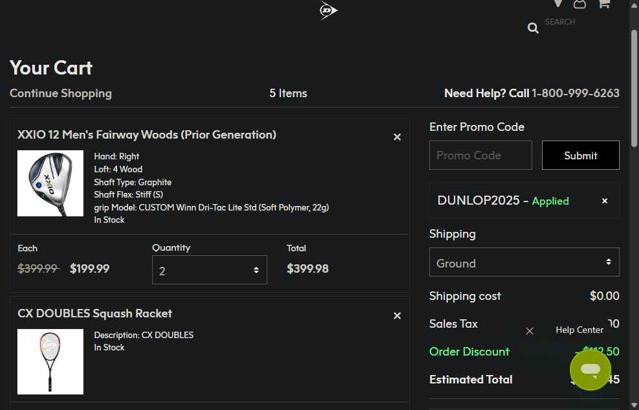 Dunlop Sports checkout page showing Dunlop Sports promo code box | Screenshot taken by SimplyCodes community member on Aug 26, 2025