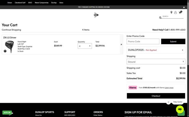 Dunlop Sports checkout page showing Dunlop Sports promo code box | Screenshot taken by SimplyCodes community member on Sep 7, 2025
