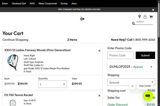 Dunlop Sports checkout page showing Dunlop Sports promo code box | Screenshot taken by SimplyCodes community member on Jul 16, 2025