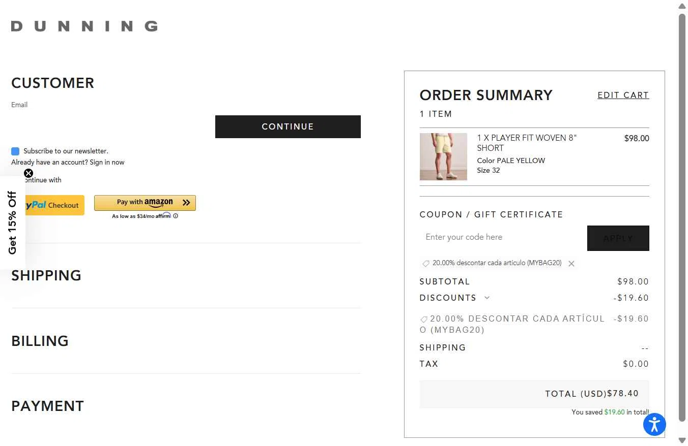 Dunning Golf checkout page showing Dunning Golf coupon code box | Screenshot taken by SimplyCodes community member on Feb 21, 2026
