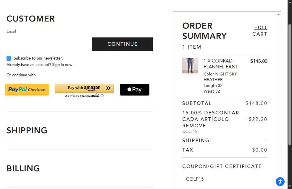 Dunning Golf checkout page showing Dunning Golf coupon code box | Screenshot taken by SimplyCodes community member on Dec 5, 2025