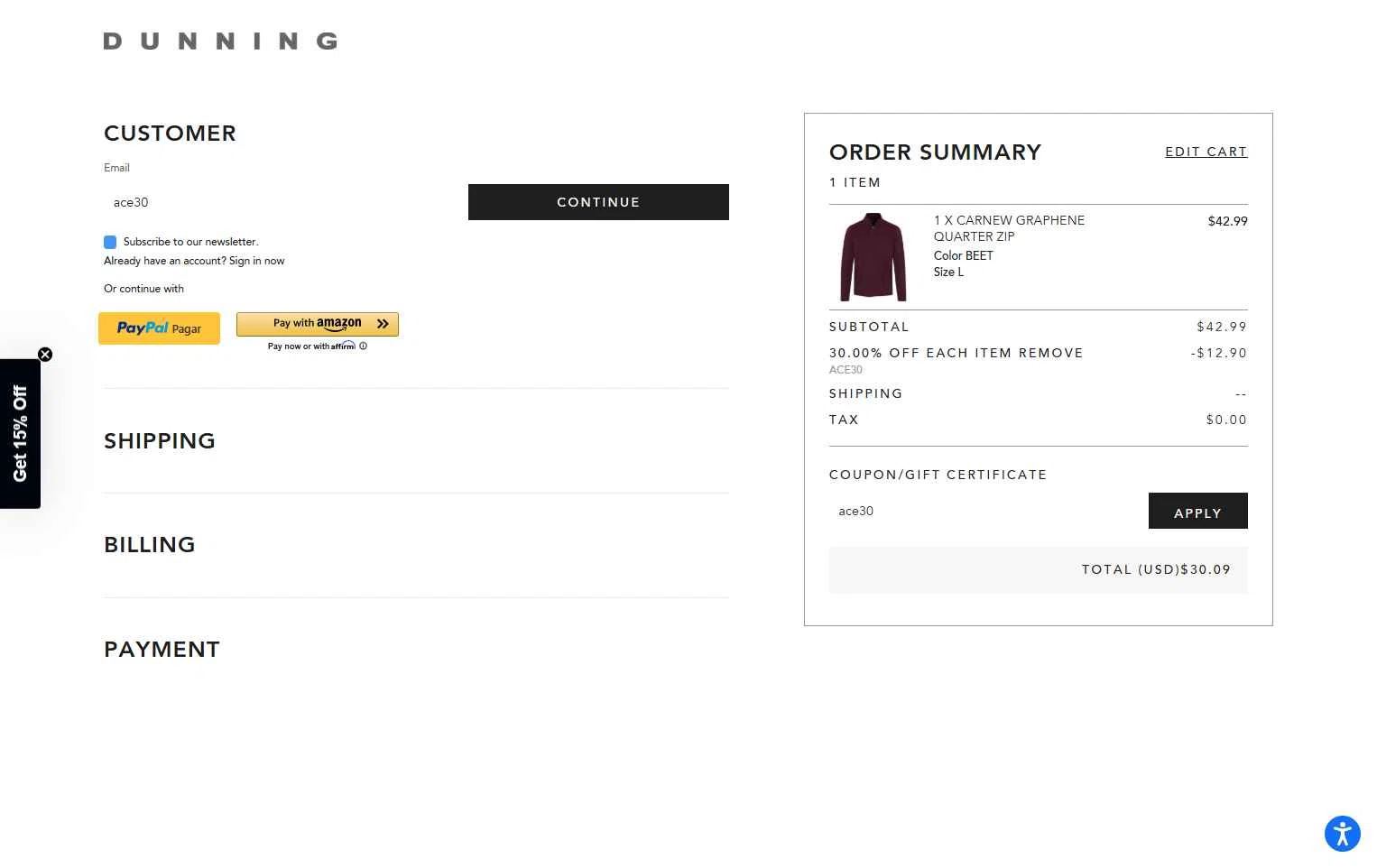 Dunning Golf checkout page showing Dunning Golf coupon code box | Screenshot taken by SimplyCodes community member on Nov 7, 2025