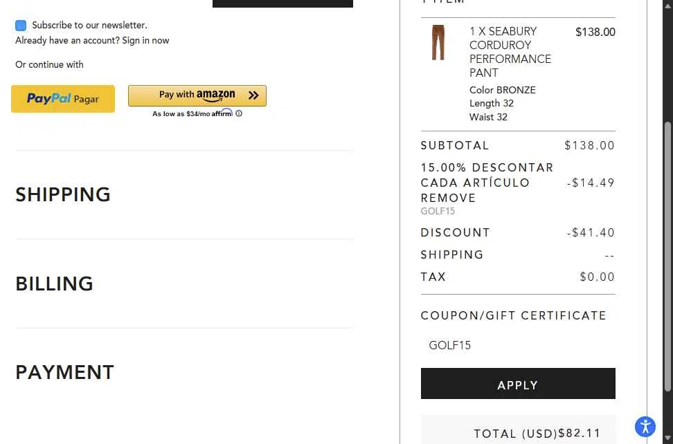Dunning Golf checkout page showing Dunning Golf coupon code box | Screenshot taken by SimplyCodes community member on Nov 21, 2025