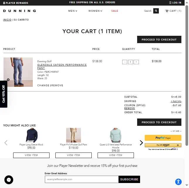 Dunning Golf checkout page showing Dunning Golf coupon code box | Screenshot taken by SimplyCodes community member on Oct 27, 2025