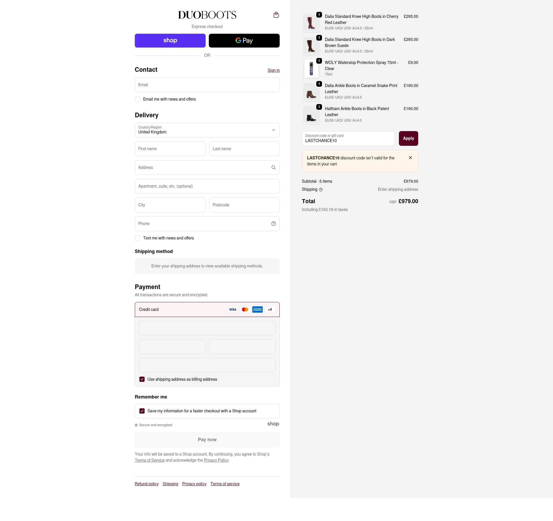 Duo Boots checkout page showing Duo Boots discount code box | Screenshot taken by SimplyCodes community member on Oct 22, 2025