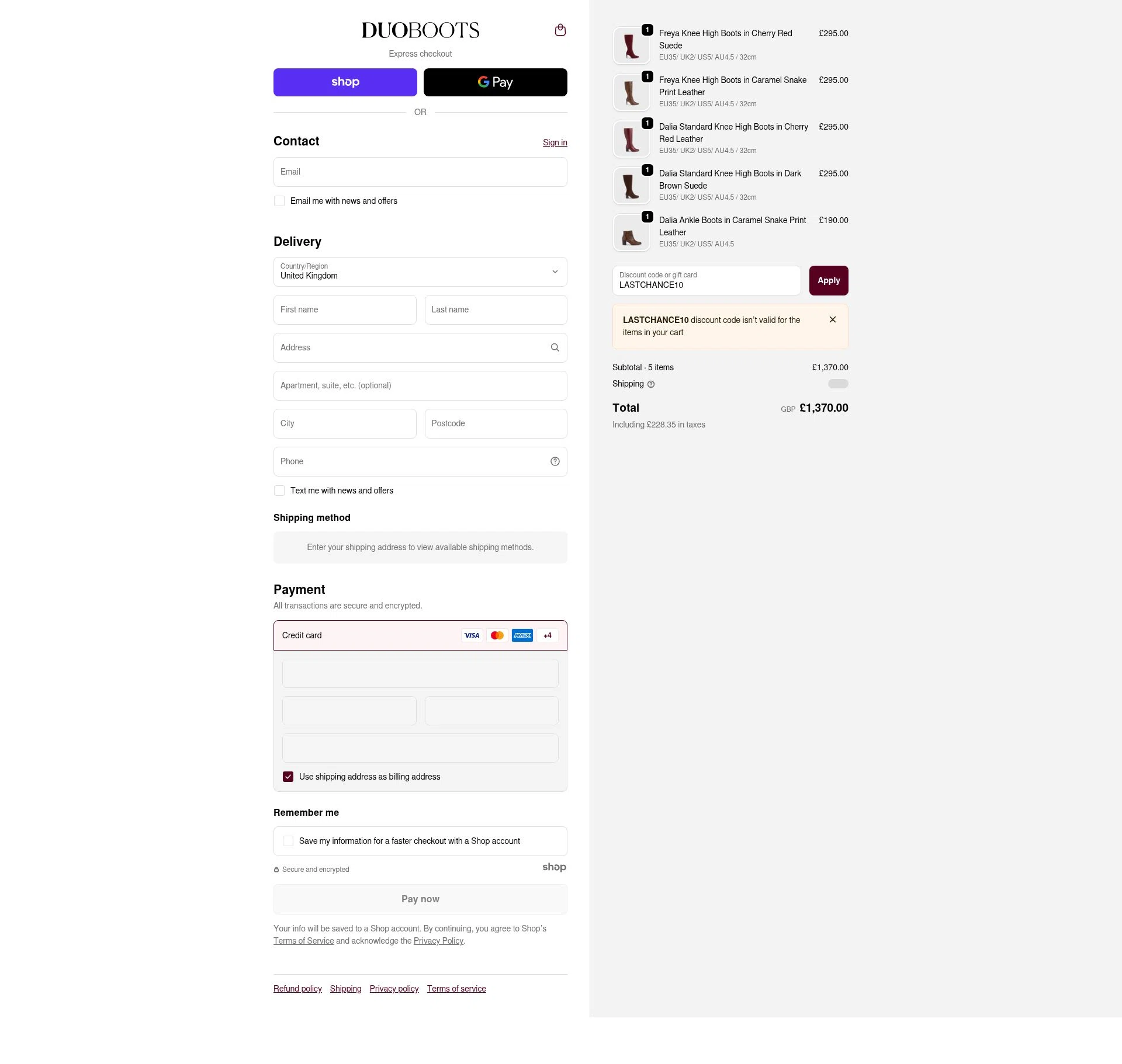 Duo Boots checkout page showing Duo Boots discount code box | Screenshot taken by SimplyCodes community member on Nov 13, 2025