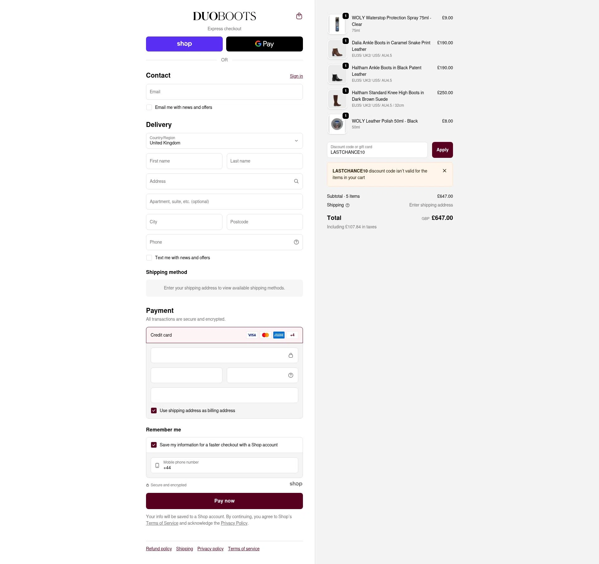 Duo Boots checkout page showing Duo Boots discount code box | Screenshot taken by SimplyCodes community member on Oct 14, 2025