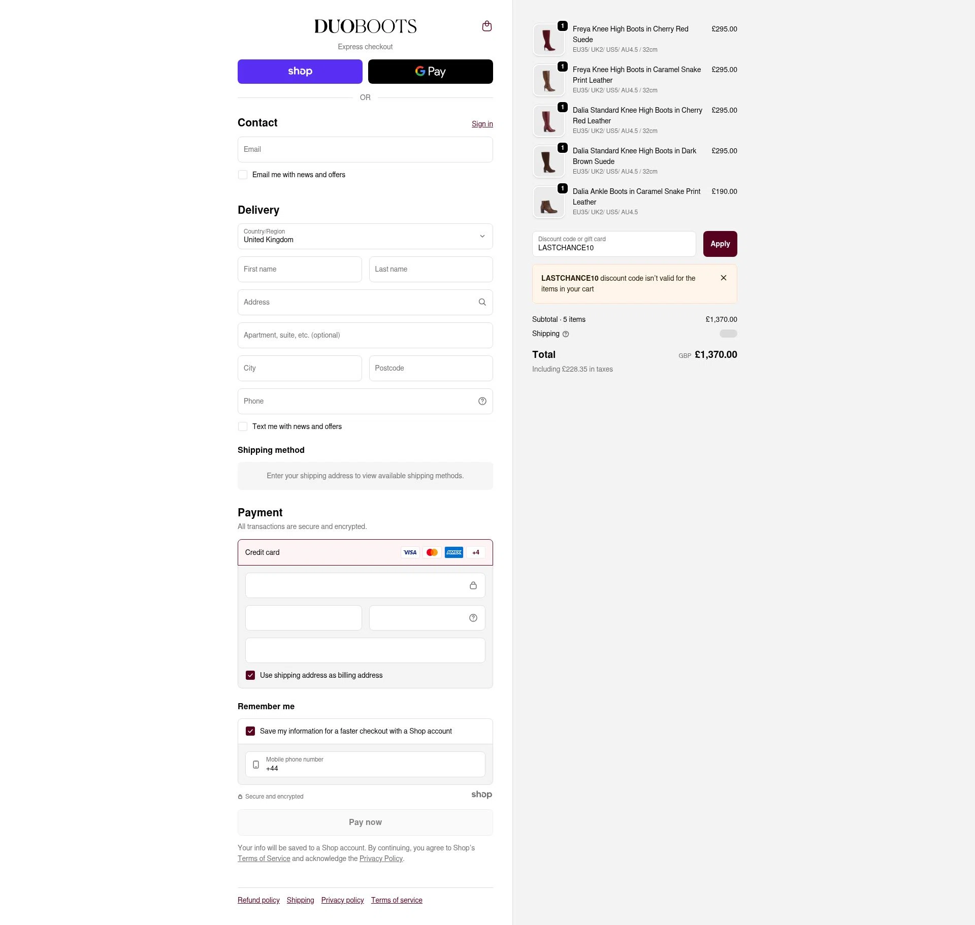 Duo Boots checkout page showing Duo Boots discount code box | Screenshot taken by SimplyCodes community member on Nov 18, 2025