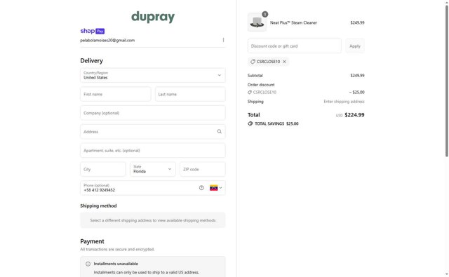 Dupray checkout page showing Dupray discount code box | Screenshot taken by SimplyCodes community member on Jul 18, 2025