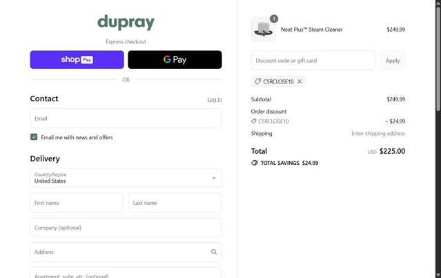 Dupray checkout page showing Dupray discount code box | Screenshot taken by SimplyCodes community member on Aug 15, 2025