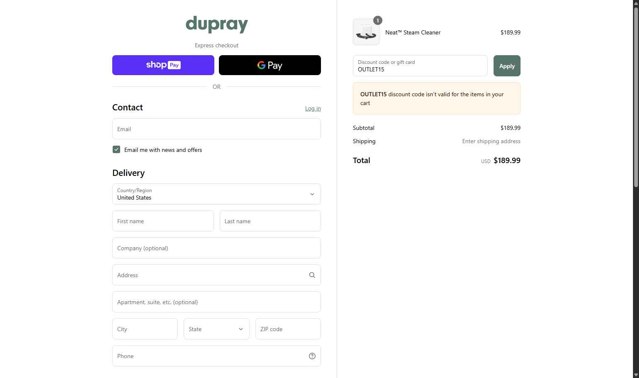 Dupray checkout page showing Dupray discount code box | Screenshot taken by SimplyCodes community member on Aug 12, 2025