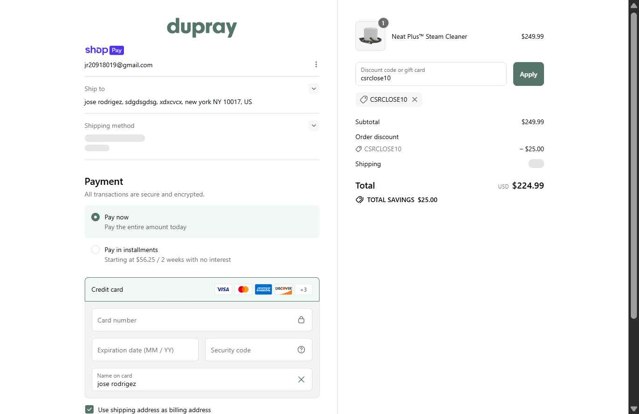 Dupray checkout page showing Dupray discount code box | Screenshot taken by SimplyCodes community member on Jul 18, 2025