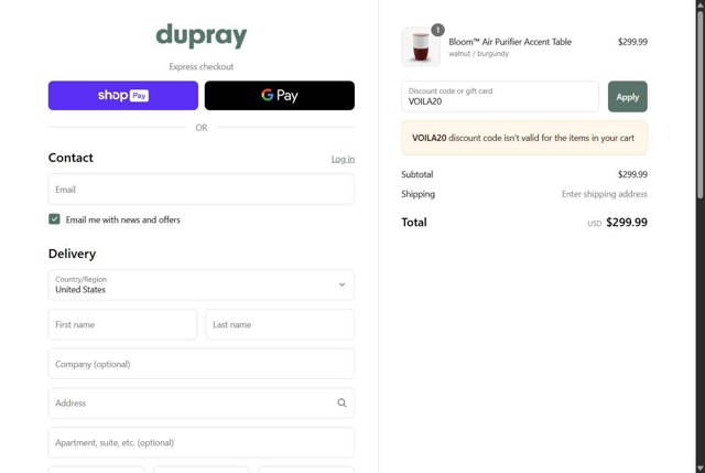 Dupray checkout page showing Dupray discount code box | Screenshot taken by SimplyCodes community member on Jul 6, 2025