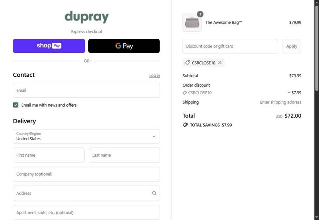 Dupray checkout page showing Dupray discount code box | Screenshot taken by SimplyCodes community member on Aug 6, 2025
