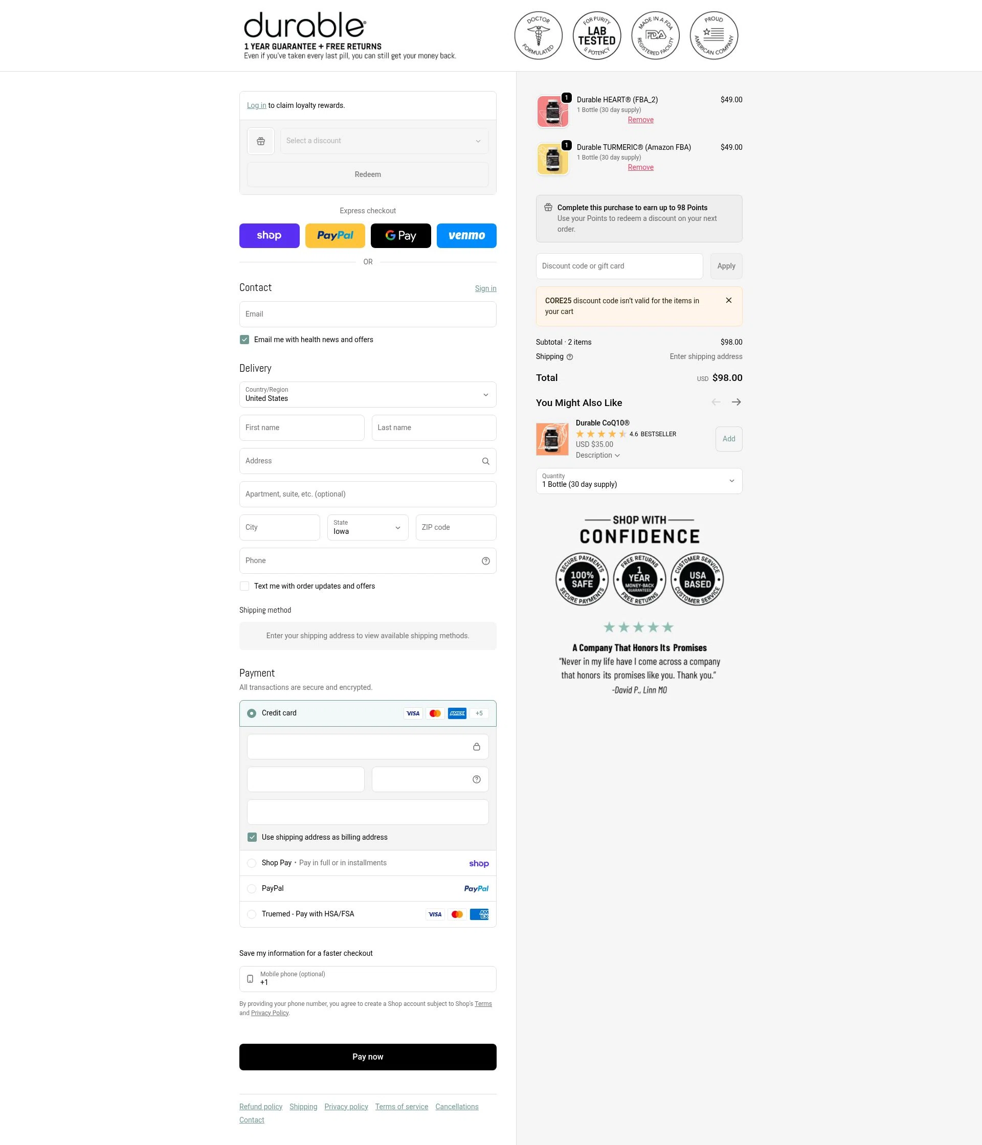 Durable checkout page showing Durable promo code box | Screenshot taken by SimplyCodes community member on Feb 3, 2026