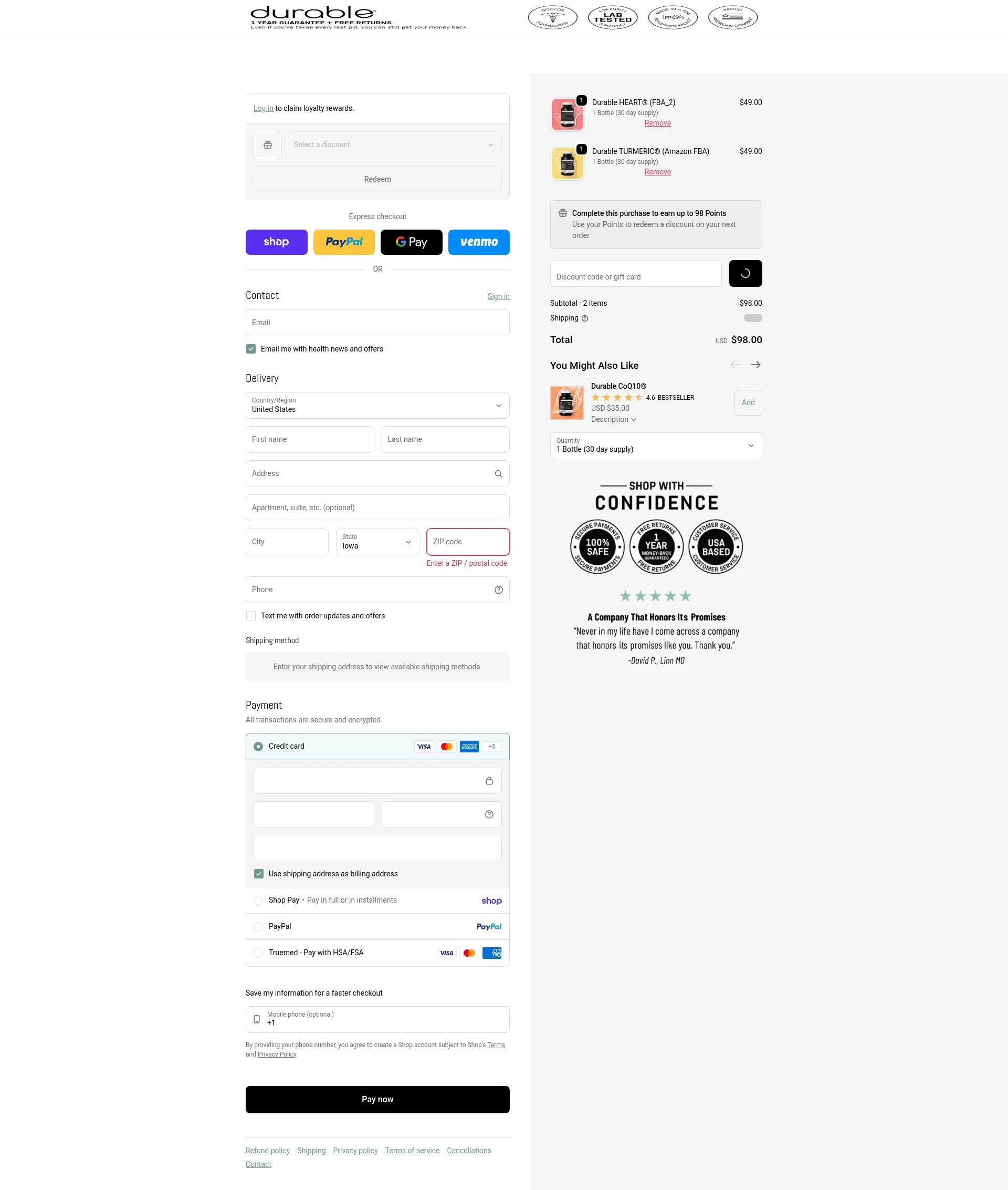 Durable checkout page showing Durable promo code box | Screenshot taken by SimplyCodes community member on Feb 3, 2026
