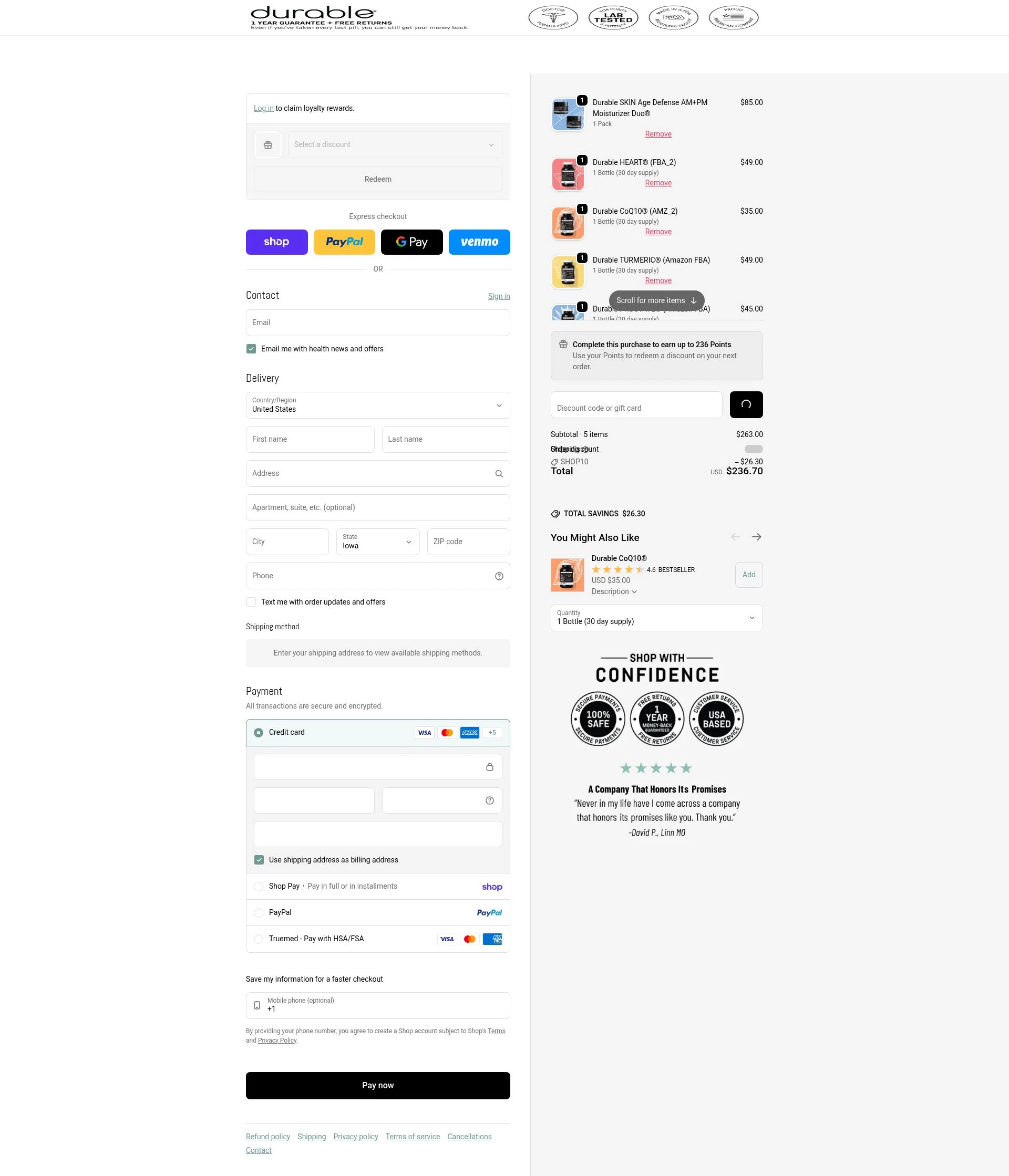 Durable checkout page showing Durable promo code box | Screenshot taken by SimplyCodes community member on Feb 8, 2026