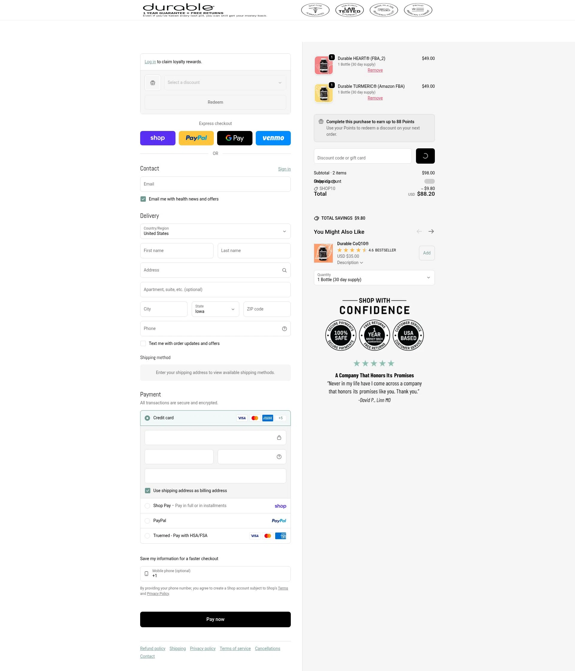 Durable checkout page showing Durable promo code box | Screenshot taken by SimplyCodes community member on Feb 3, 2026