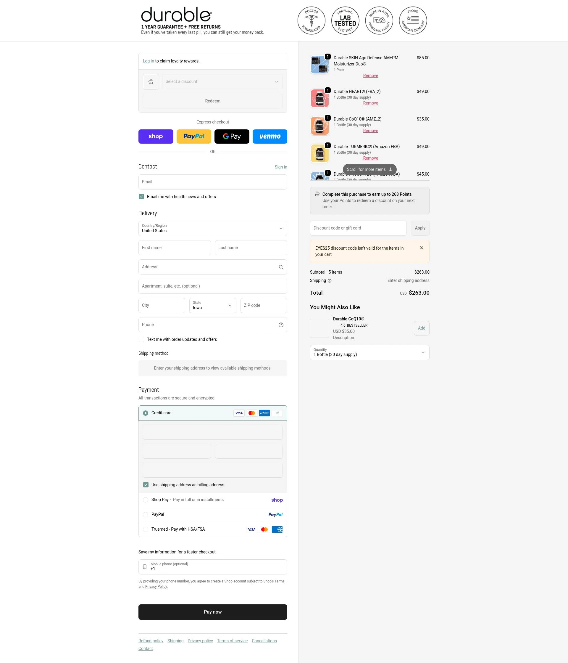 Durable checkout page showing Durable promo code box | Screenshot taken by SimplyCodes community member on Feb 8, 2026