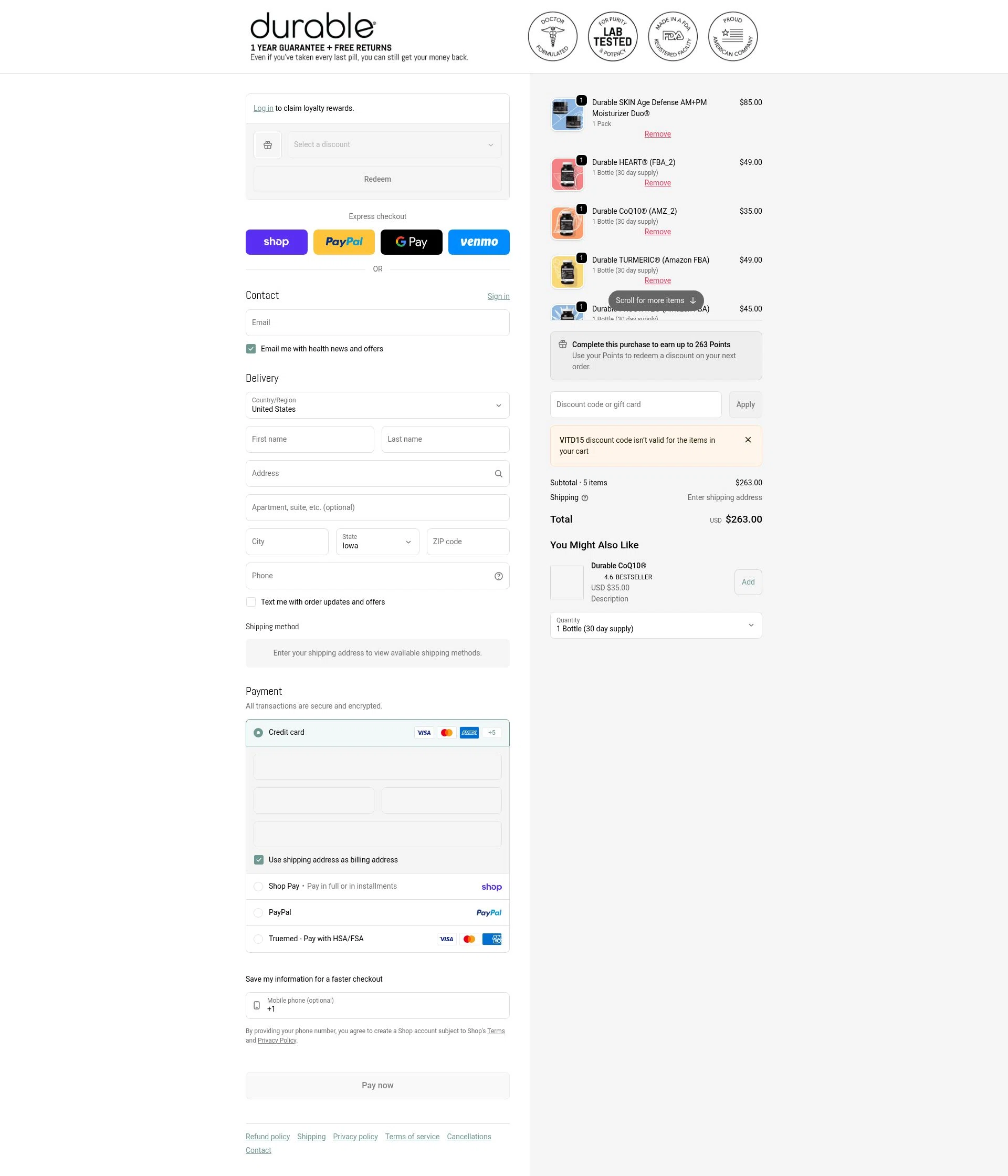 Durable checkout page showing Durable promo code box | Screenshot taken by SimplyCodes community member on Feb 8, 2026