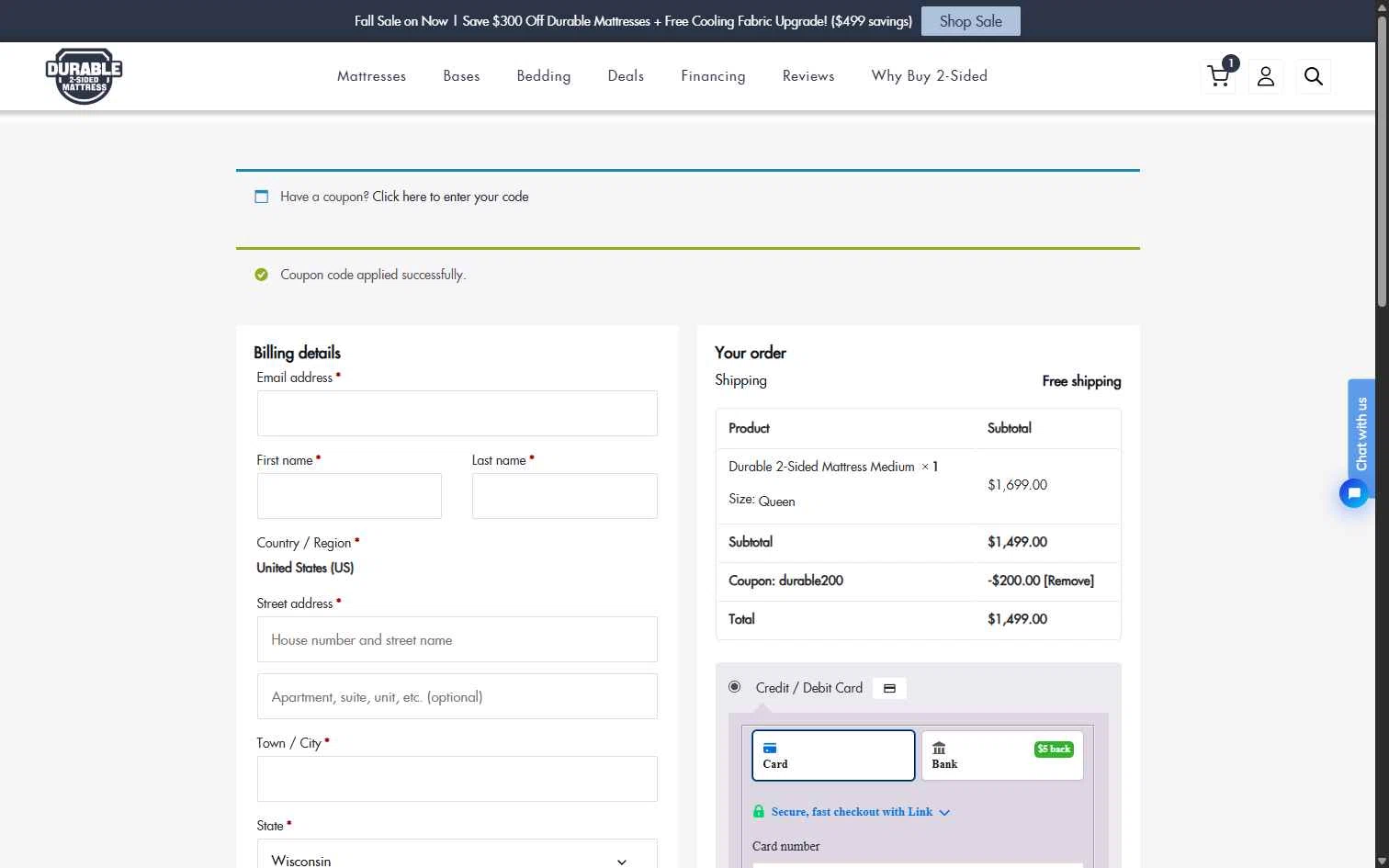 Durable Mattress checkout page showing Durable Mattress promo code box | Screenshot taken by SimplyCodes community member on Oct 9, 2025