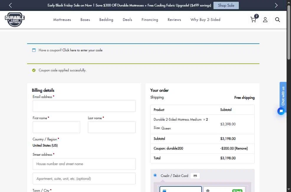 Durable Mattress checkout page showing Durable Mattress promo code box | Screenshot taken by SimplyCodes community member on Nov 3, 2025