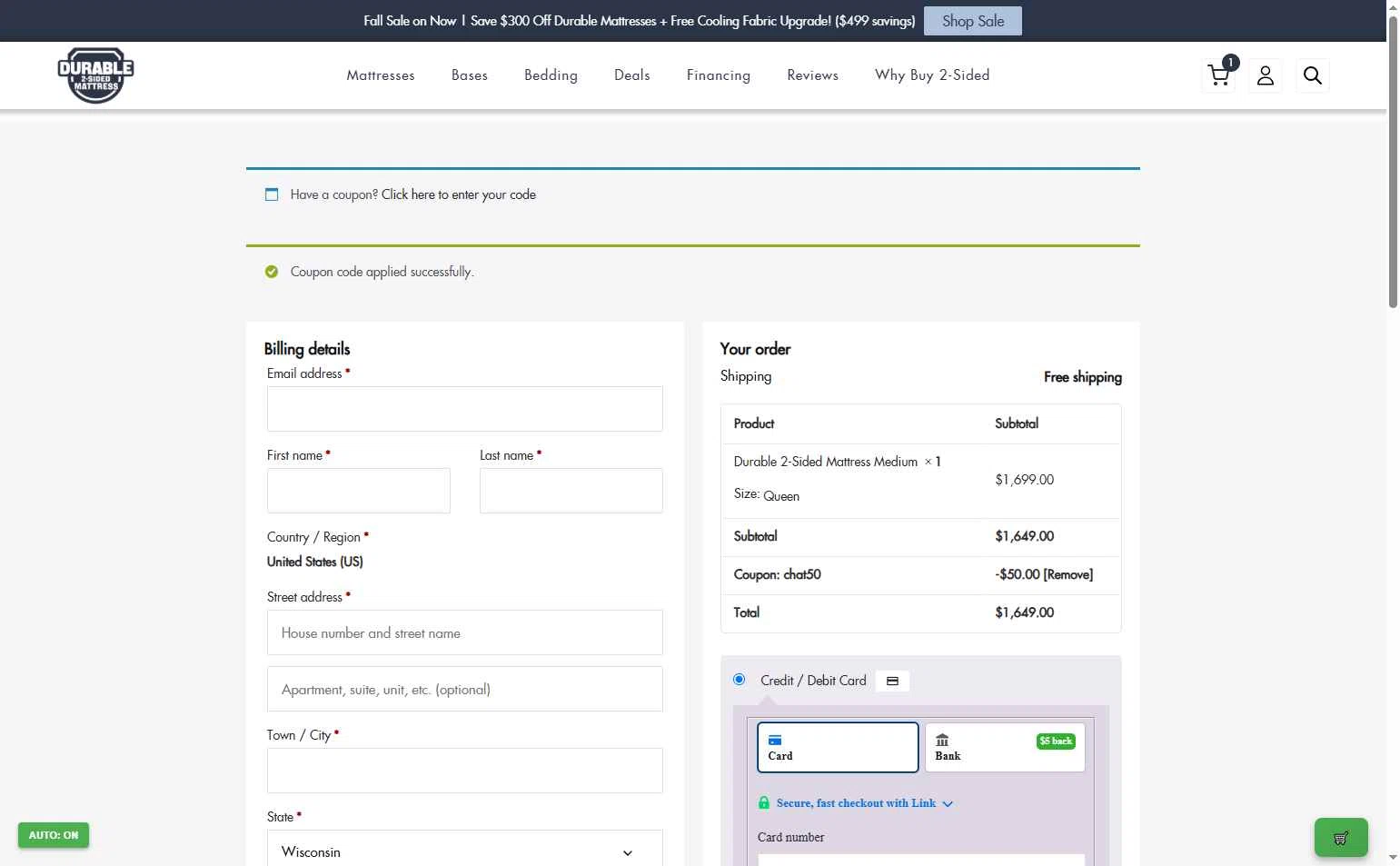 Durable Mattress checkout page showing Durable Mattress promo code box | Screenshot taken by SimplyCodes community member on Oct 9, 2025