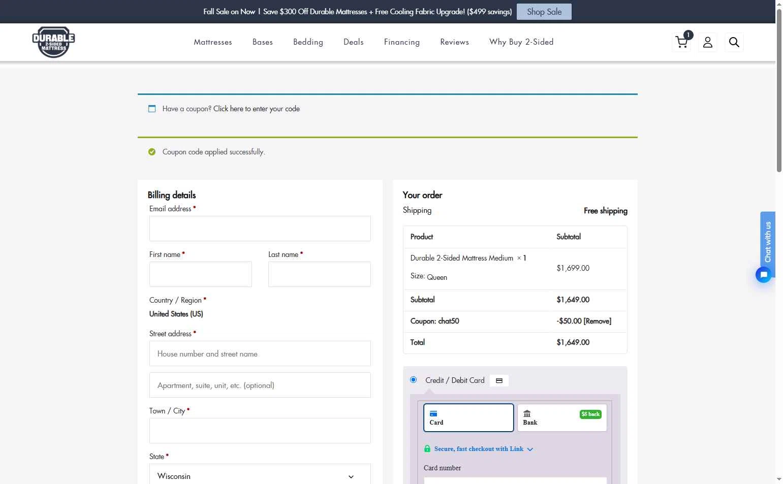 Durable Mattress checkout page showing Durable Mattress promo code box | Screenshot taken by SimplyCodes community member on Oct 9, 2025
