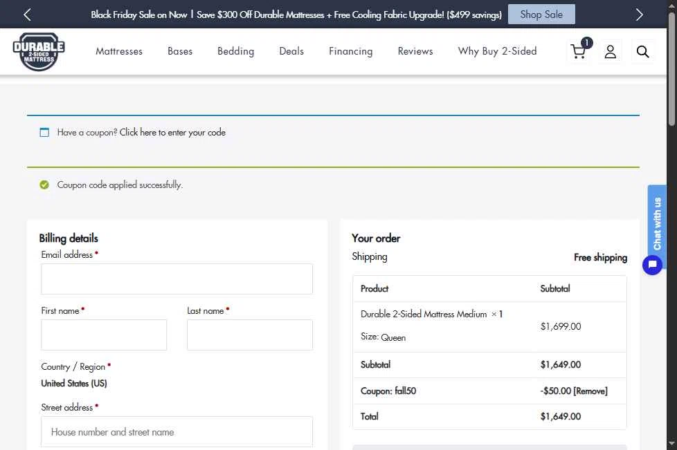 Durable Mattress checkout page showing Durable Mattress promo code box | Screenshot taken by SimplyCodes community member on Dec 2, 2025