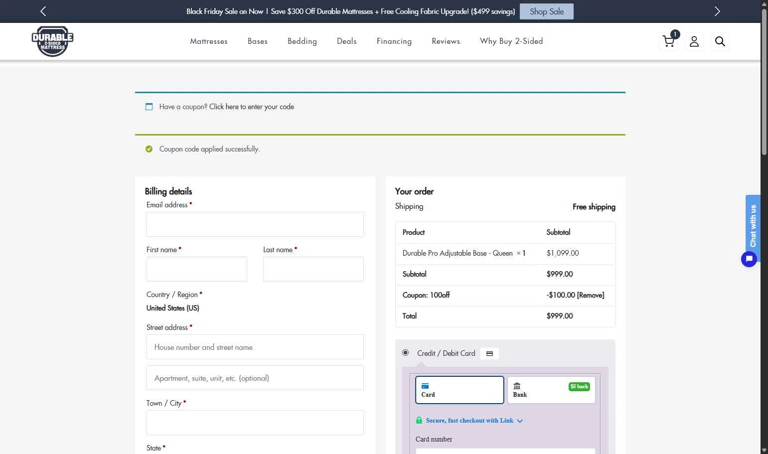 Durable Mattress checkout page showing Durable Mattress promo code box | Screenshot taken by SimplyCodes community member on Dec 2, 2025