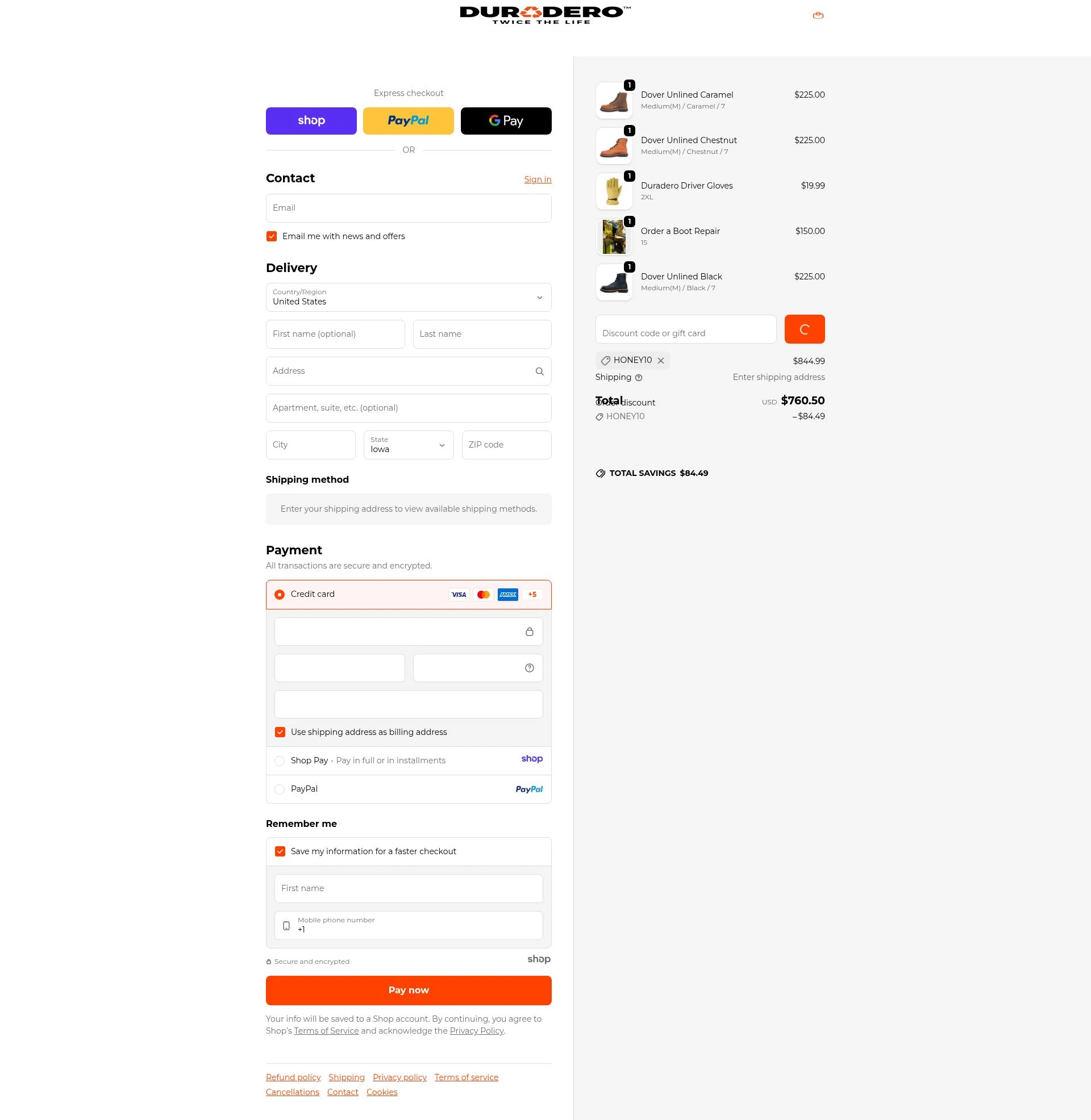DURADERO checkout page showing DURADERO discount code box | Screenshot taken by SimplyCodes community member on Dec 24, 2025