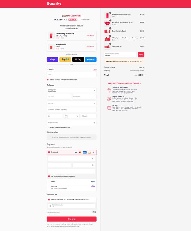 Duradry checkout page showing Duradry discount code box | Screenshot taken by SimplyCodes community member on Sep 2, 2025