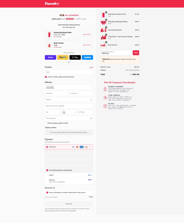 Duradry checkout page showing Duradry discount code box | Screenshot taken by SimplyCodes community member on Sep 7, 2025