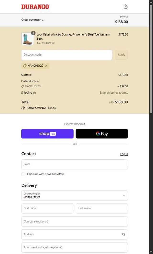 Durango checkout page showing Durango promo code box | Screenshot taken by SimplyCodes community member on Aug 27, 2025