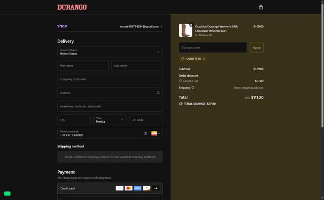 Durango checkout page showing Durango promo code box | Screenshot taken by SimplyCodes community member on Sep 8, 2025