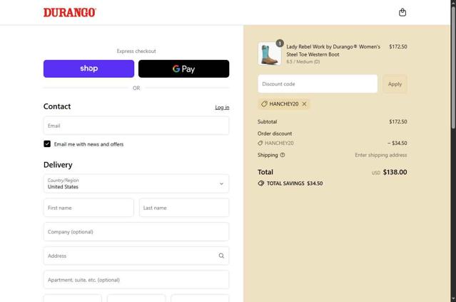 Durango checkout page showing Durango promo code box | Screenshot taken by SimplyCodes community member on Sep 7, 2025