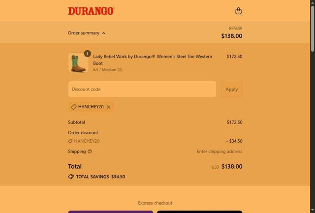 Durango checkout page showing Durango promo code box | Screenshot taken by SimplyCodes community member on Aug 16, 2025