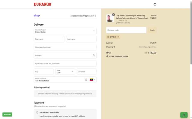 Durango checkout page showing Durango promo code box | Screenshot taken by SimplyCodes community member on Sep 11, 2025